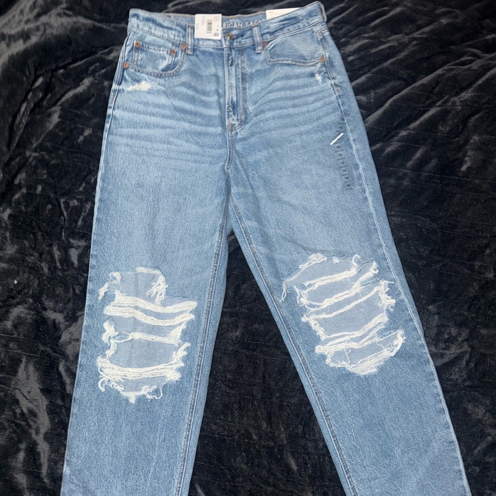 AE Strigid Ripped Highest Waist Baggy Straight Jean, Blue, 10R, NWT.